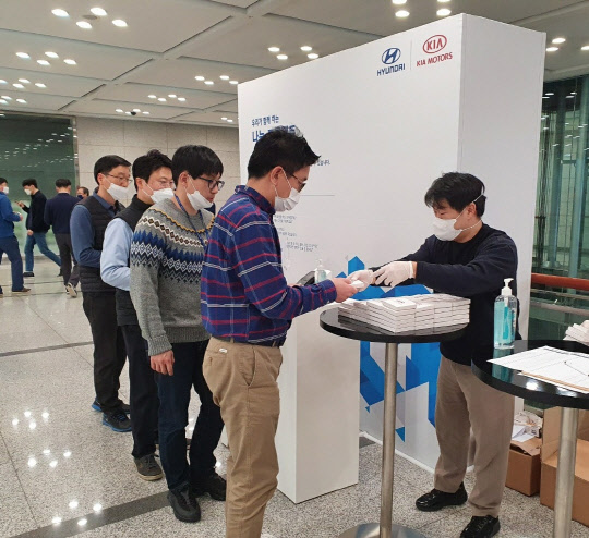 현대자동차·기아 임직원들이 작년 5월 양재 사옥에서 코로나19 극복을 위해 기부 캠페인에 참여하고 있다.<현대차 제공>